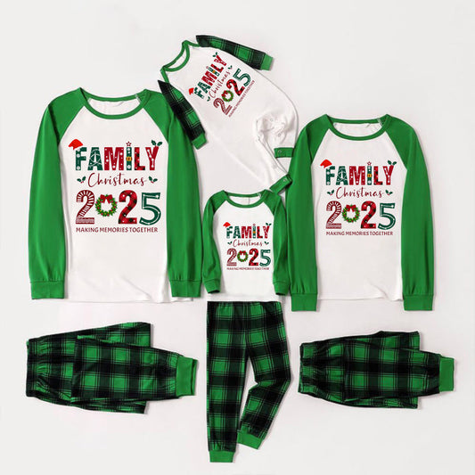 Green Raglan Top Green Plaid Christmas Pajamas Set With "FAMILY Christmas 2025" and Christmas Pattern Print