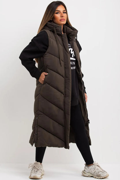 Khaki Long Gilet With Chevron Padded Style