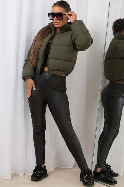 Khaki Crop Puffer Jacket