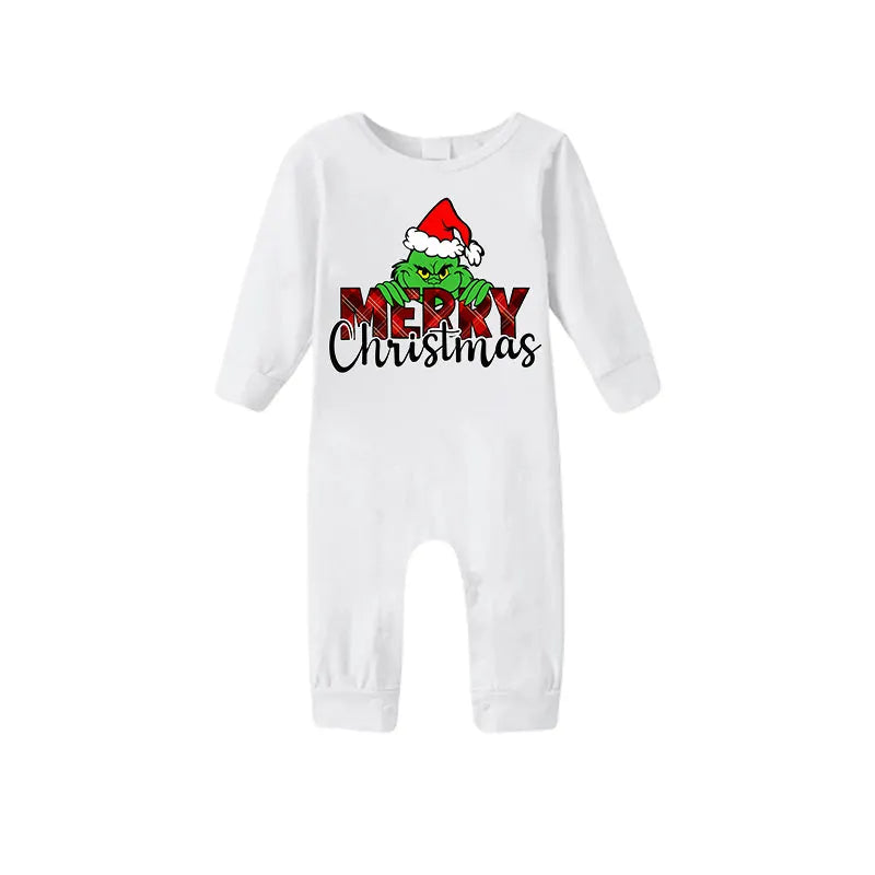 "Merry Christmas" Letter Print 2025 Green Elf Cartoon Pattern Contrast White Long Sleeve with Classic Red and Green Plaid Pants Family Matching Pajamas