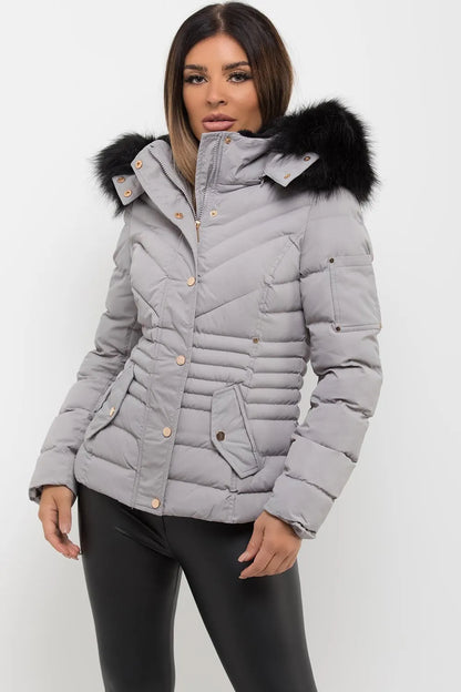 Puffer Coat With Fur Hood Grey