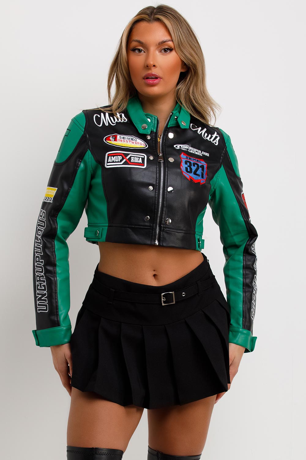 Faux Leather Racer Jacket Green