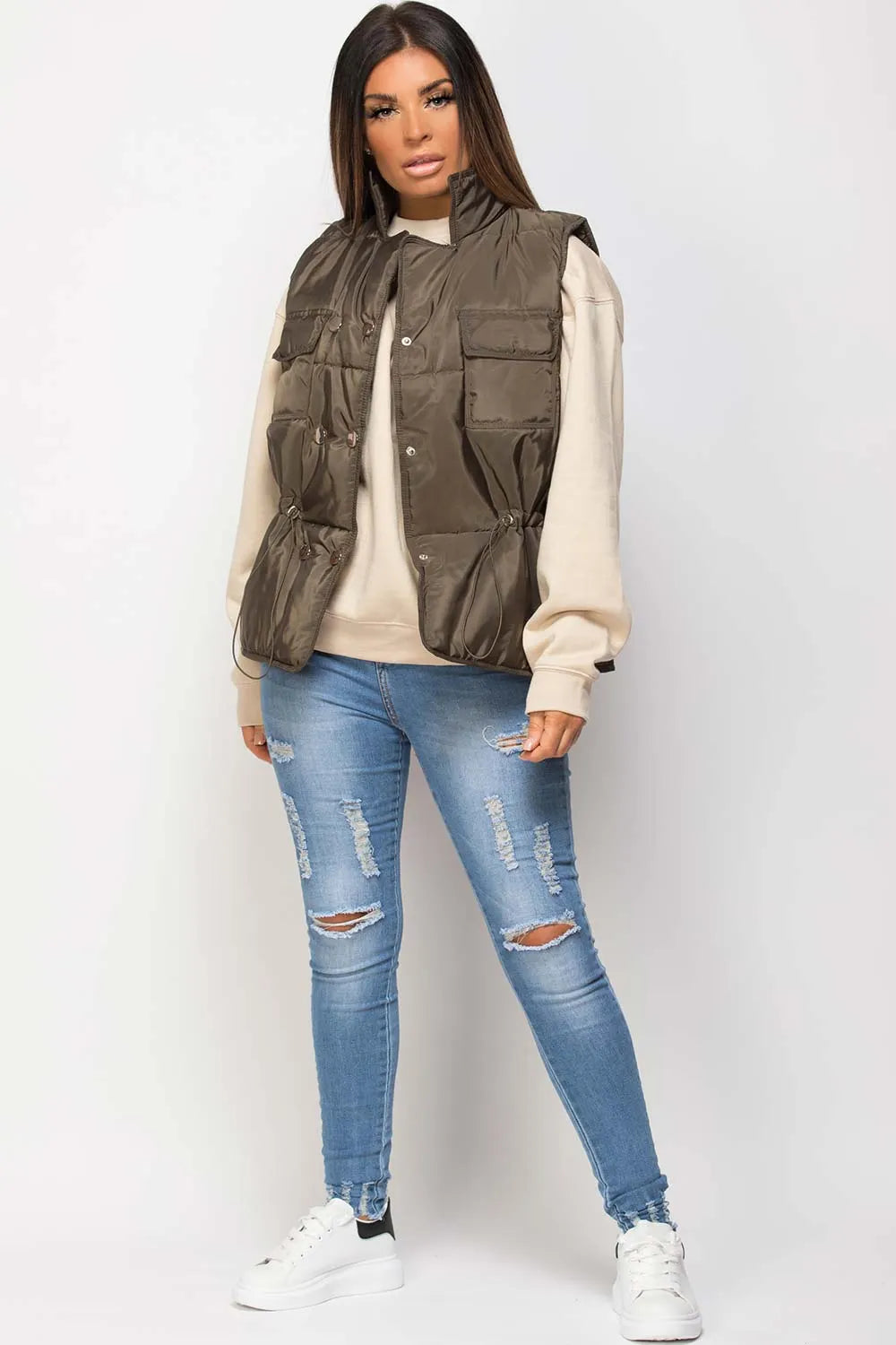 Khaki Gilet With Drawstring Waist