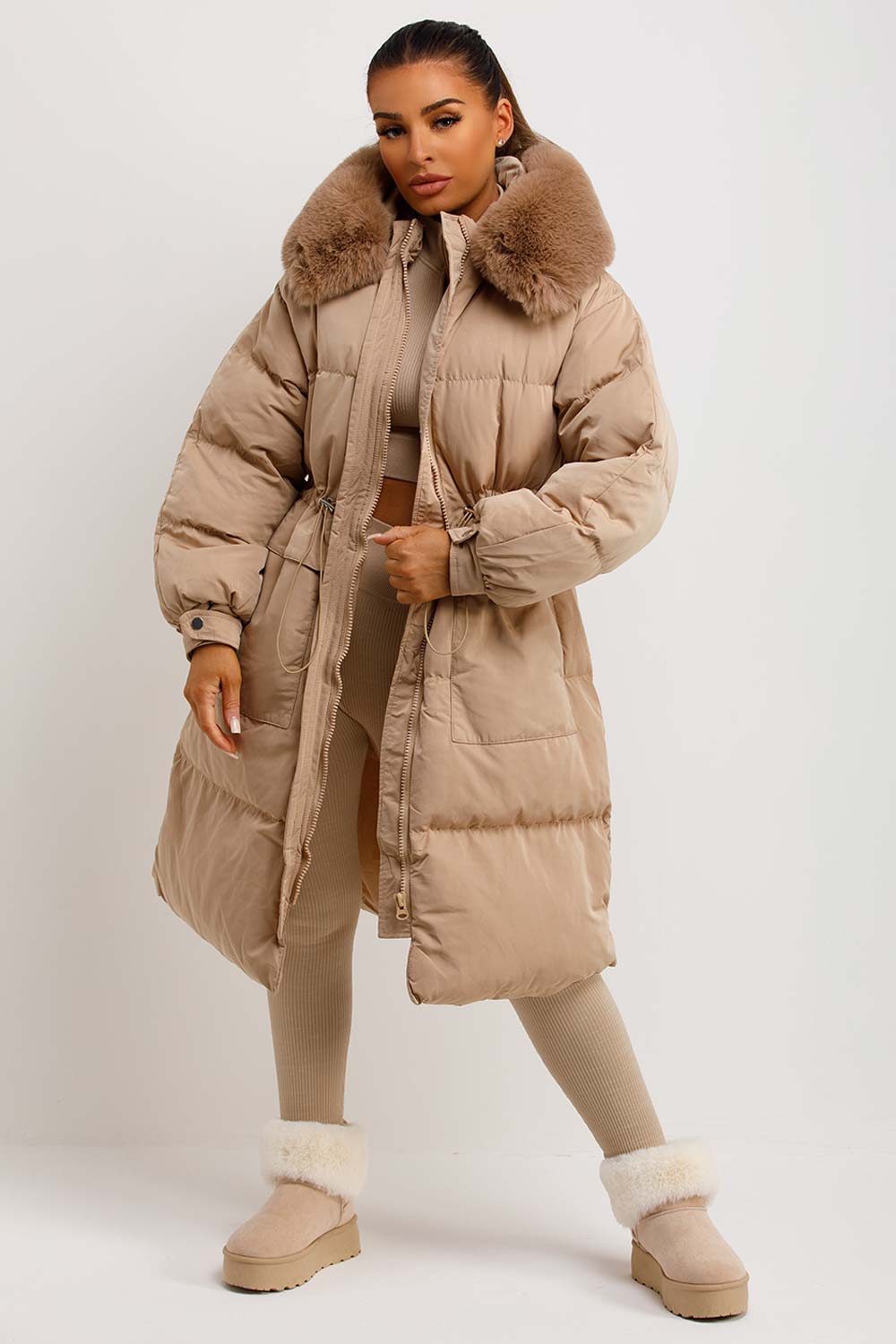 Long Puffer Coat With Faux Fur Hood And Drawstring Waist Beige