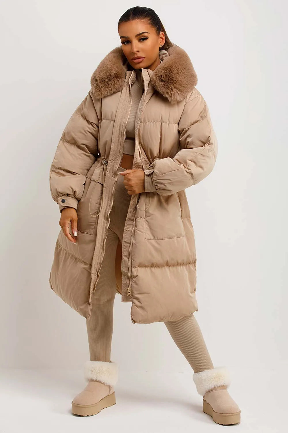 Long Puffer Coat With Faux Fur Hood And Drawstring Waist Beige