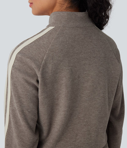 Ribbed Stand Collar Long Sleeve Zipper Color Block Casual Jacket with Pockets
