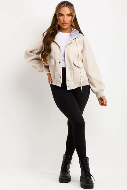 Bomber Baseball Jacket With Hood Beige