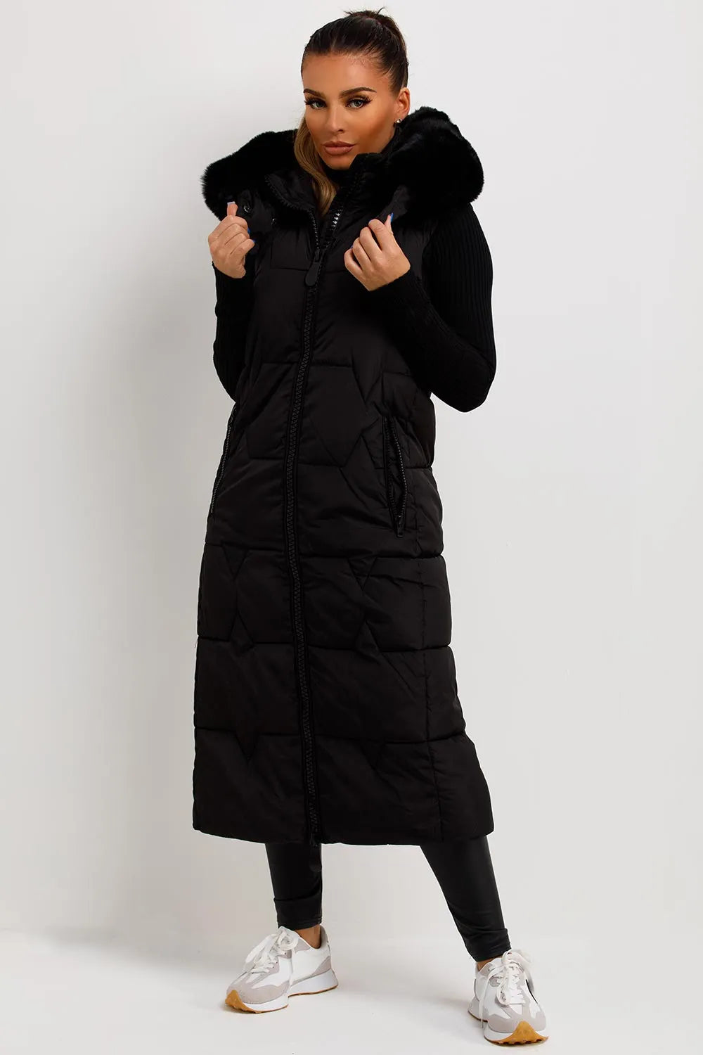 Long Puffer Gilet With Faux Fur Hood Black