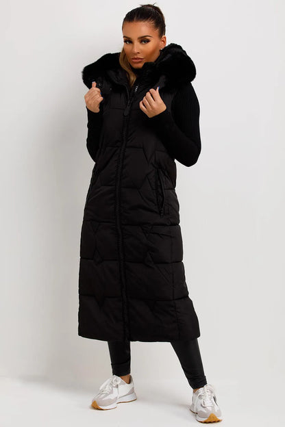 Long Puffer Gilet With Faux Fur Hood Black