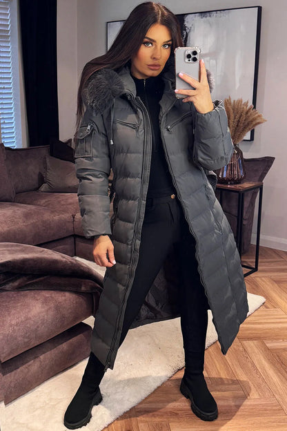 Longline Puffer Padded Coat With Fur Hood And Belt Grey