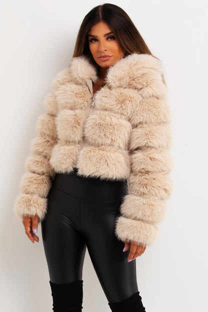 Faux Fur Coat With Hood Beige