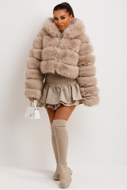 Faux Fur Coat With Hood Beige