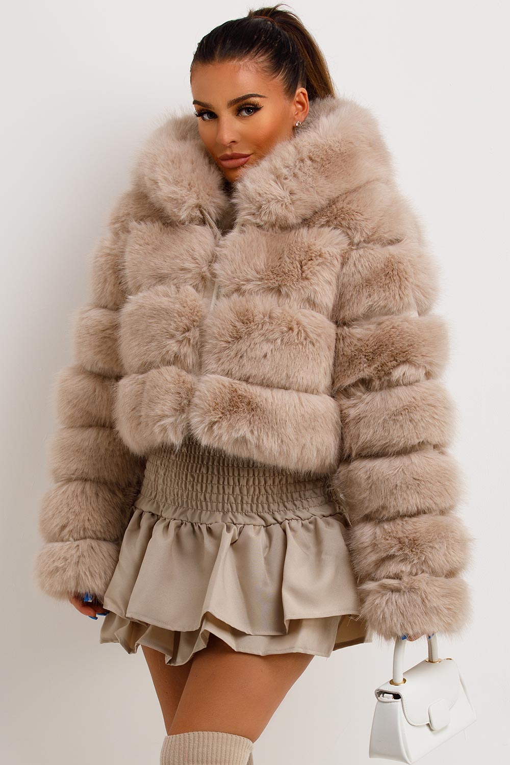 Faux Fur Coat With Hood Beige