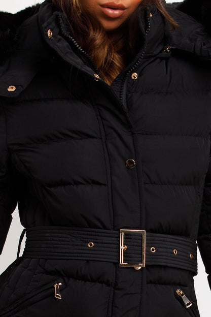 Black Puffer Coat With Faux Fur Hood And Belt