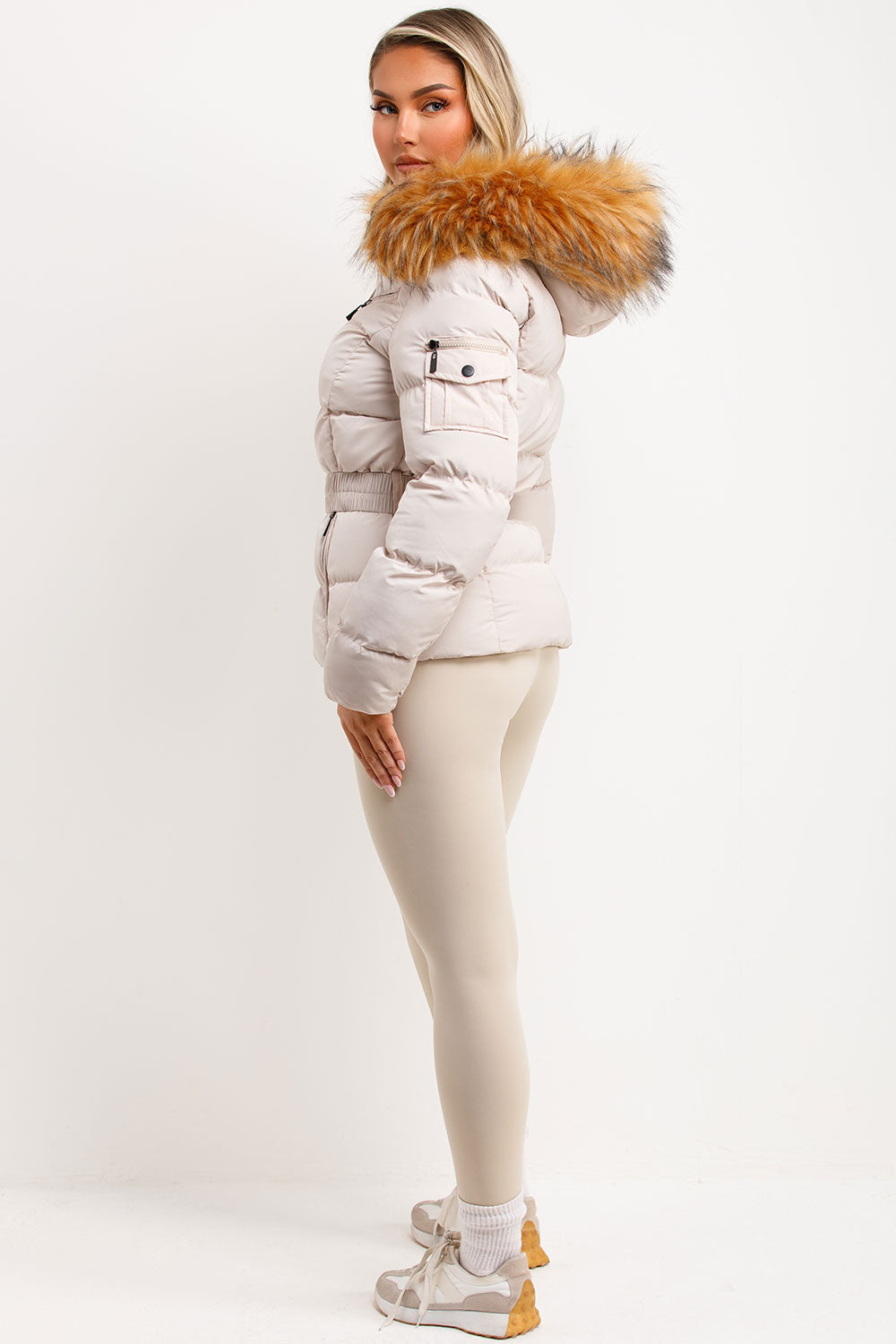 Faux Fur Hood Puffer Jacket With Belt Beige