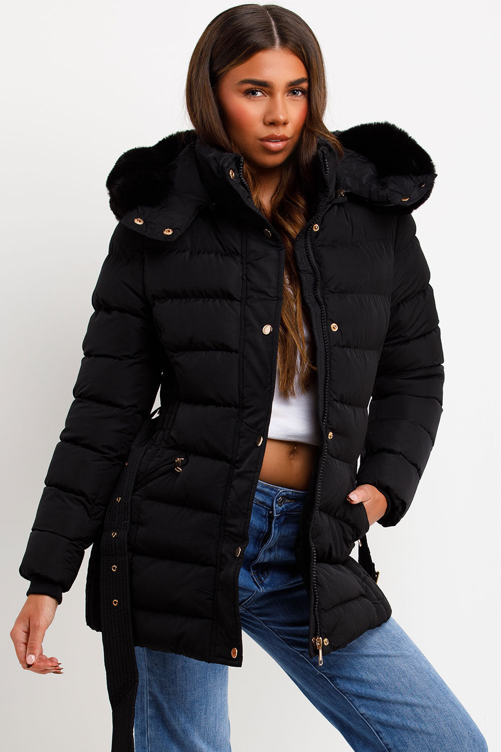 Black Puffer Coat With Faux Fur Hood And Belt