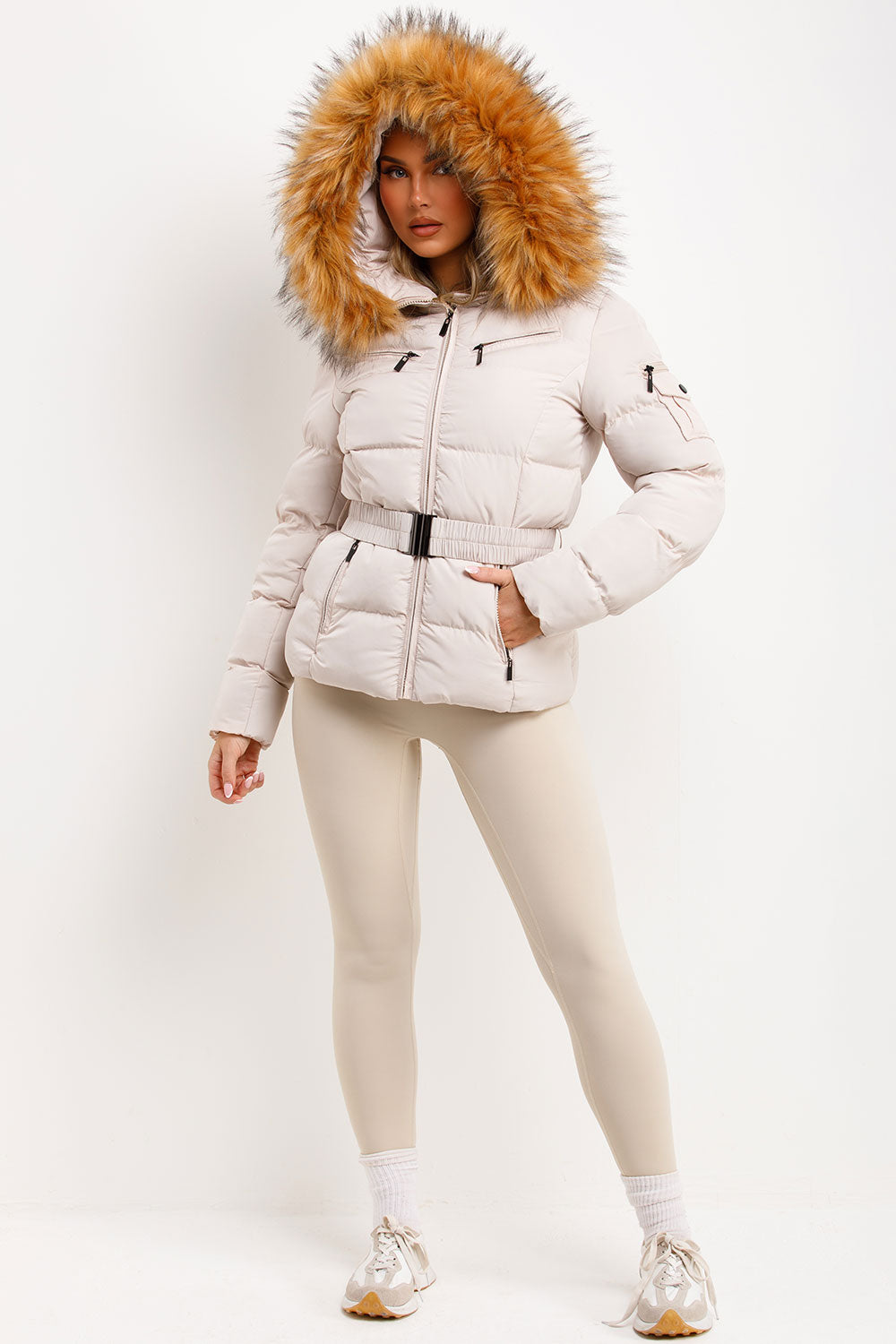 Faux Fur Hood Puffer Jacket With Belt Beige