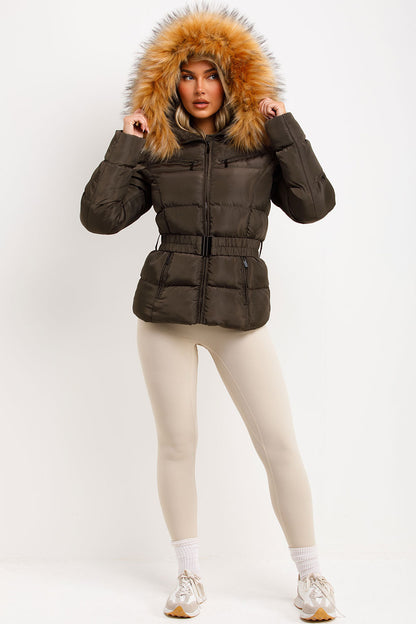 Faux Fur Hood Puffer Jacket With Belt Khaki
