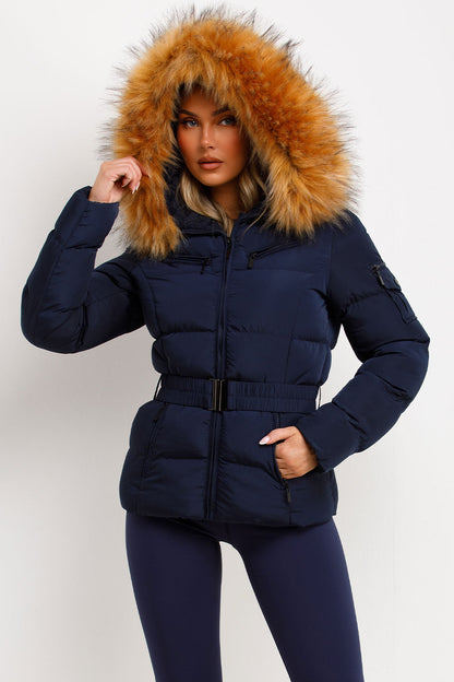Navy Faux Fur Hooded Jacket With Belt