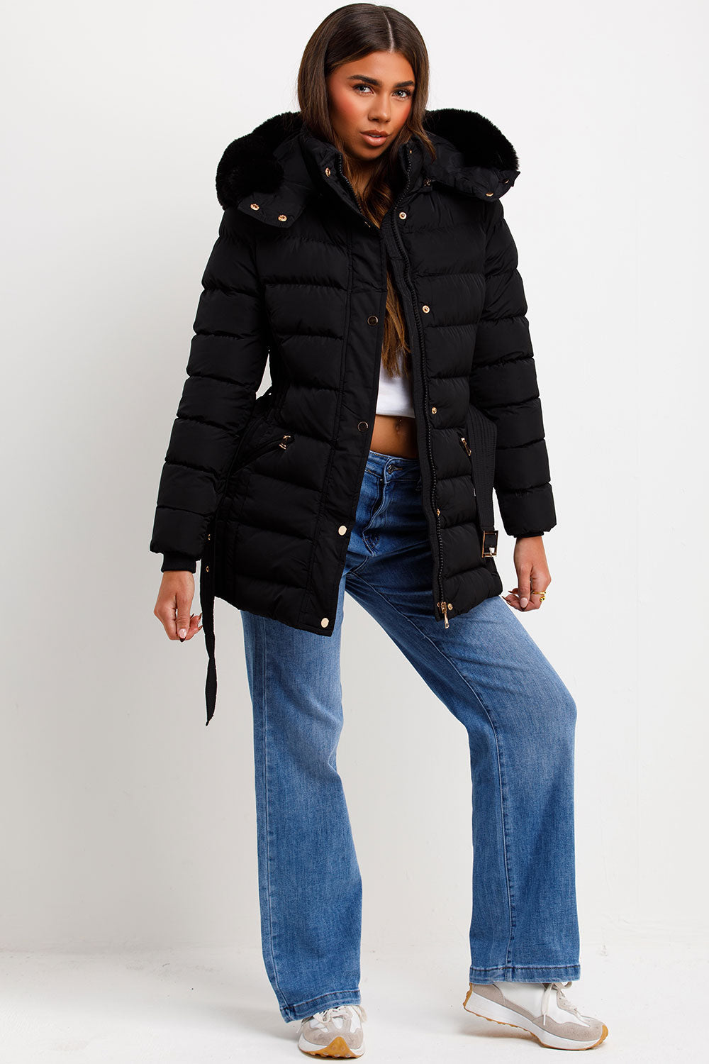 Black Puffer Coat With Faux Fur Hood And Belt