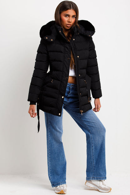 Black Puffer Coat With Faux Fur Hood And Belt