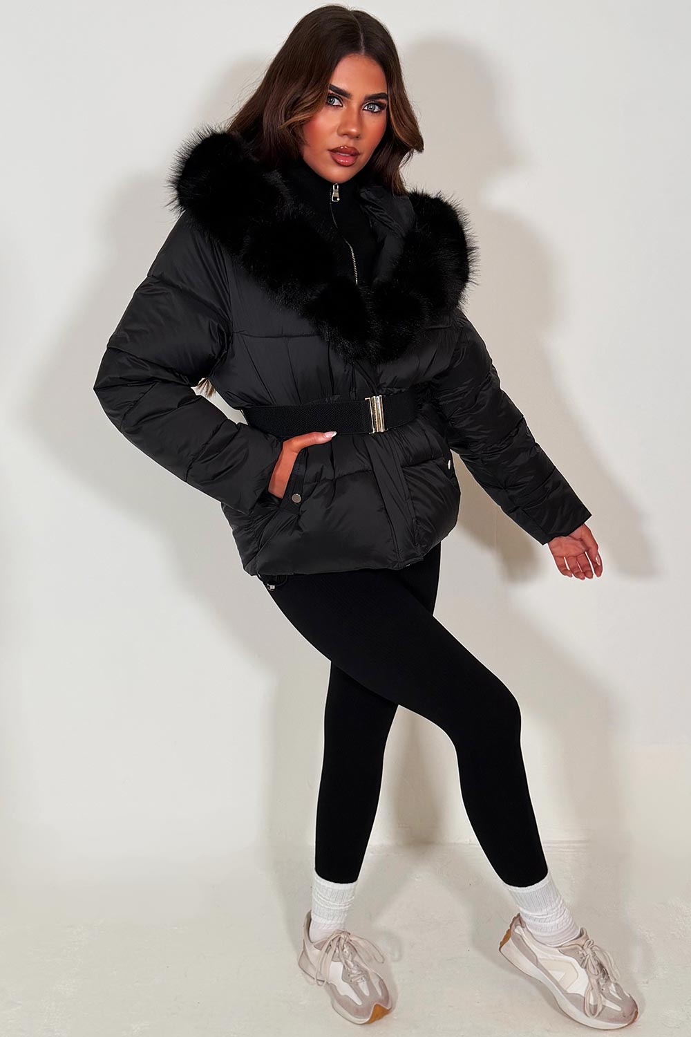 Black Faux Fur Hood Puffer Jacket With Belt