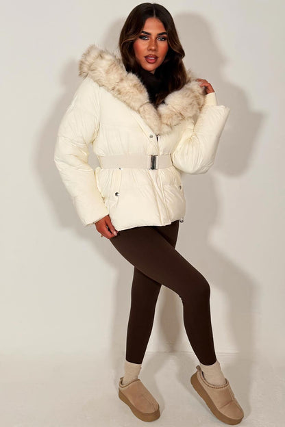 White Faux Fur Hood Puffer Jacket With Belt