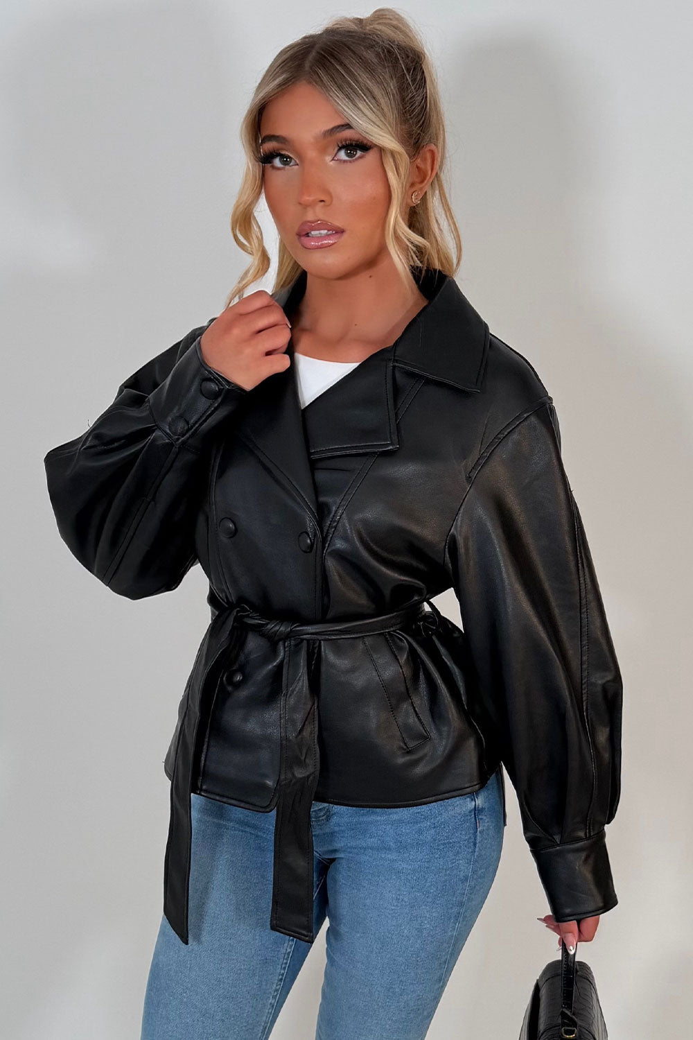 Leather Effect Jacket With Lapel Collar And Belt Black