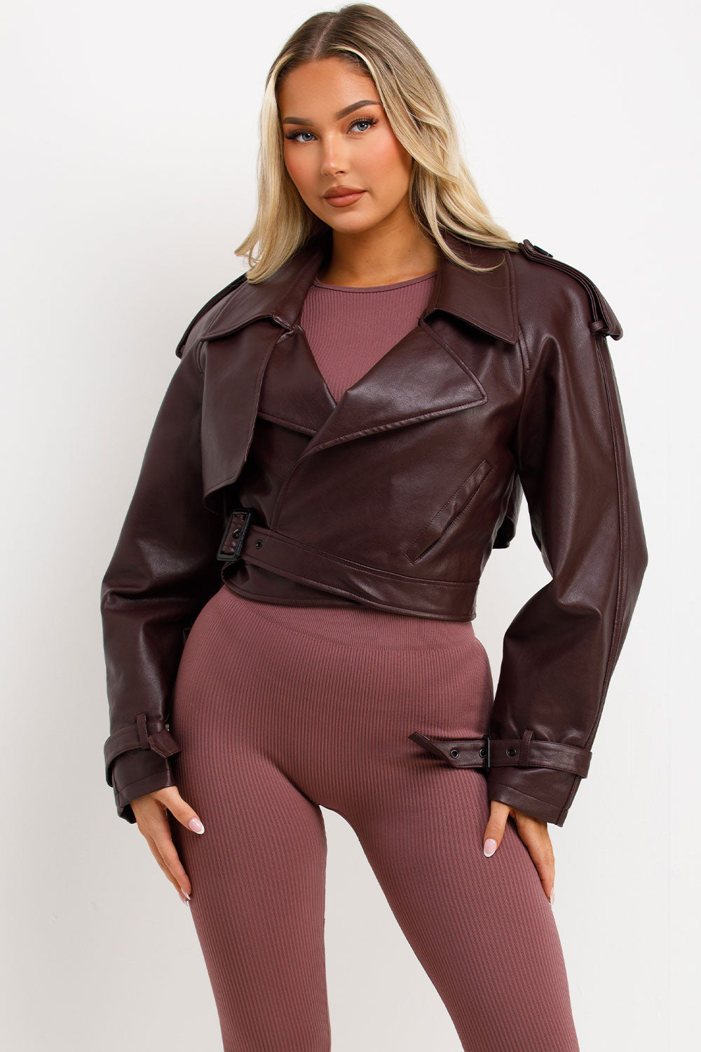 Burgundy Faux Leather Jacket With Tabs