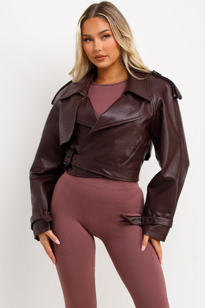 Burgundy Faux Leather Jacket With Tabs