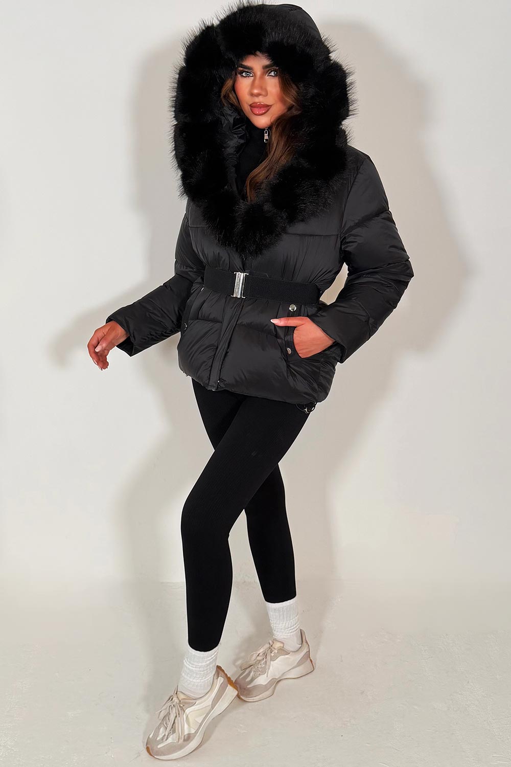 Black Faux Fur Hood Puffer Jacket With Belt