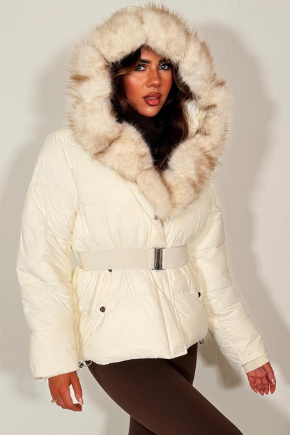 White Faux Fur Hood Puffer Jacket With Belt