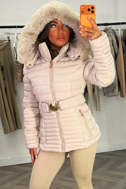 Puffer Jacket With Faux Fur Hood And Gold Belt Beige