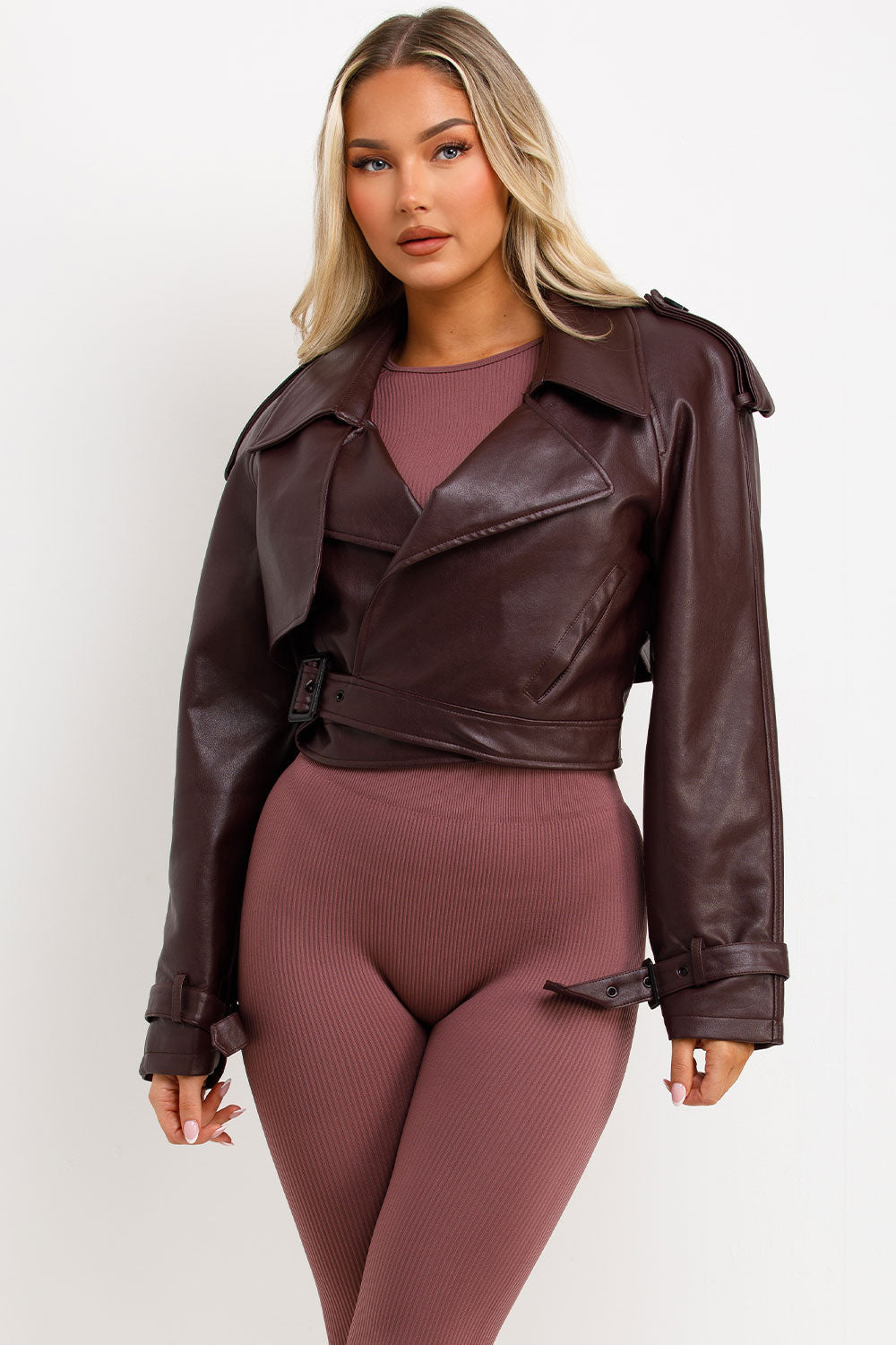 Burgundy Faux Leather Jacket With Tabs