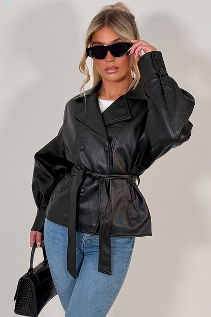 Leather Effect Jacket With Lapel Collar And Belt Black