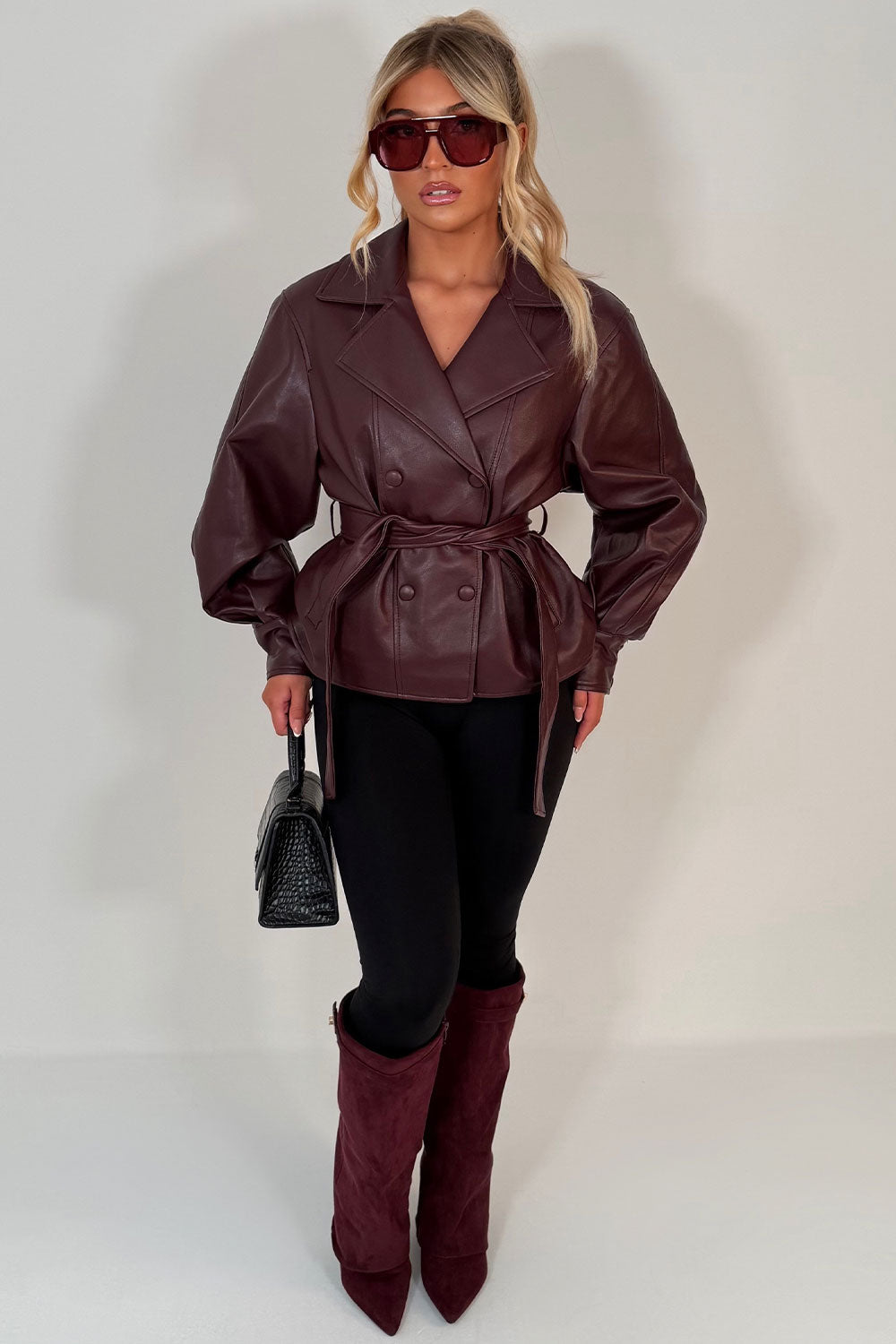 Leather Effect Jacket With Lapel Collar And Belt Burgundy