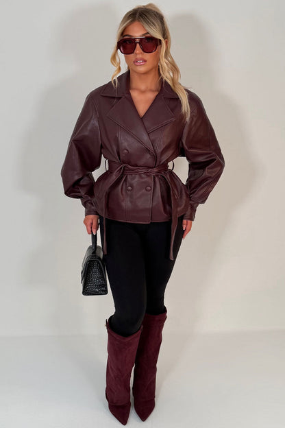 Leather Effect Jacket With Lapel Collar And Belt Burgundy