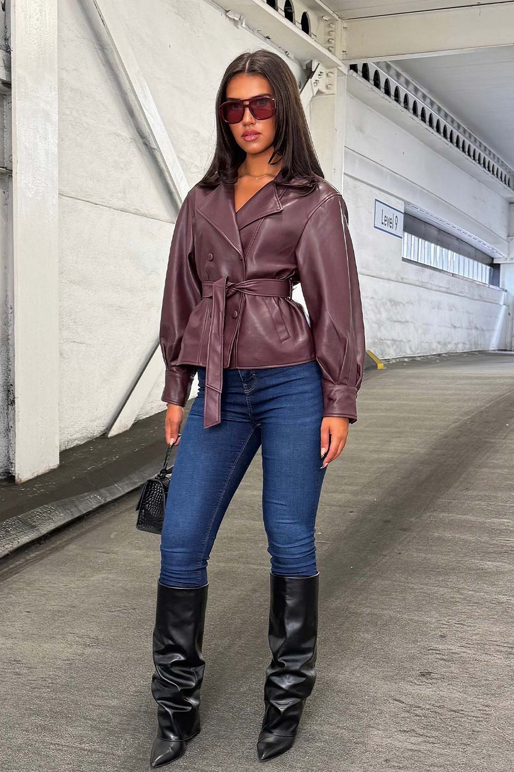 Leather Effect Jacket With Lapel Collar And Belt Burgundy