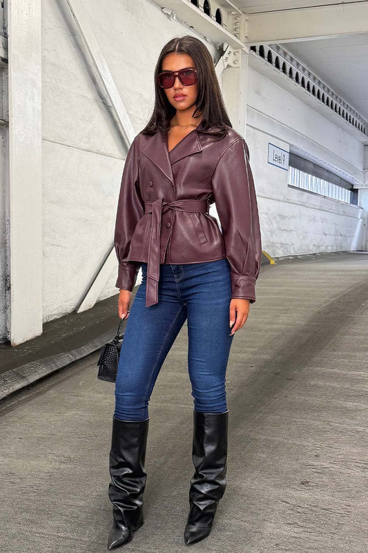 Leather Effect Jacket With Lapel Collar And Belt Burgundy
