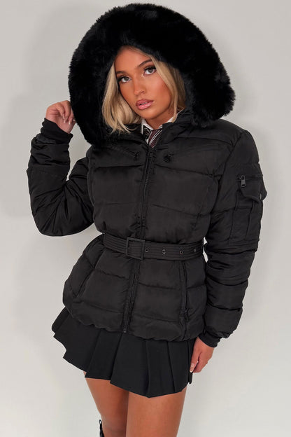 Black Faux Fur Hood Jacket With Belt