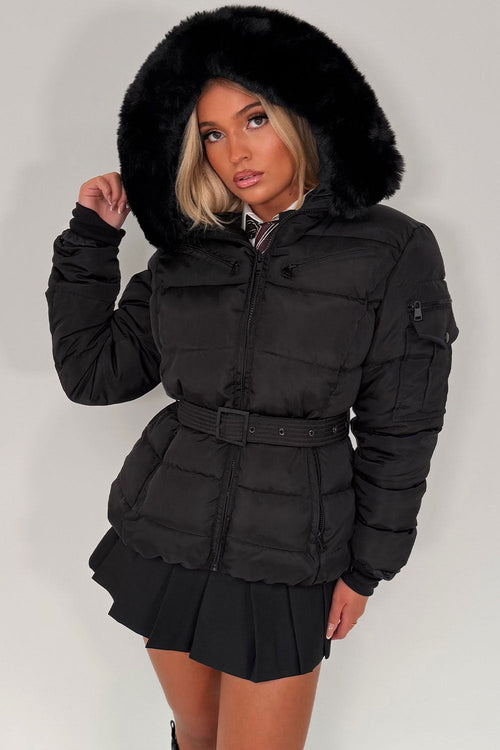 Black Faux Fur Hood Jacket With Belt