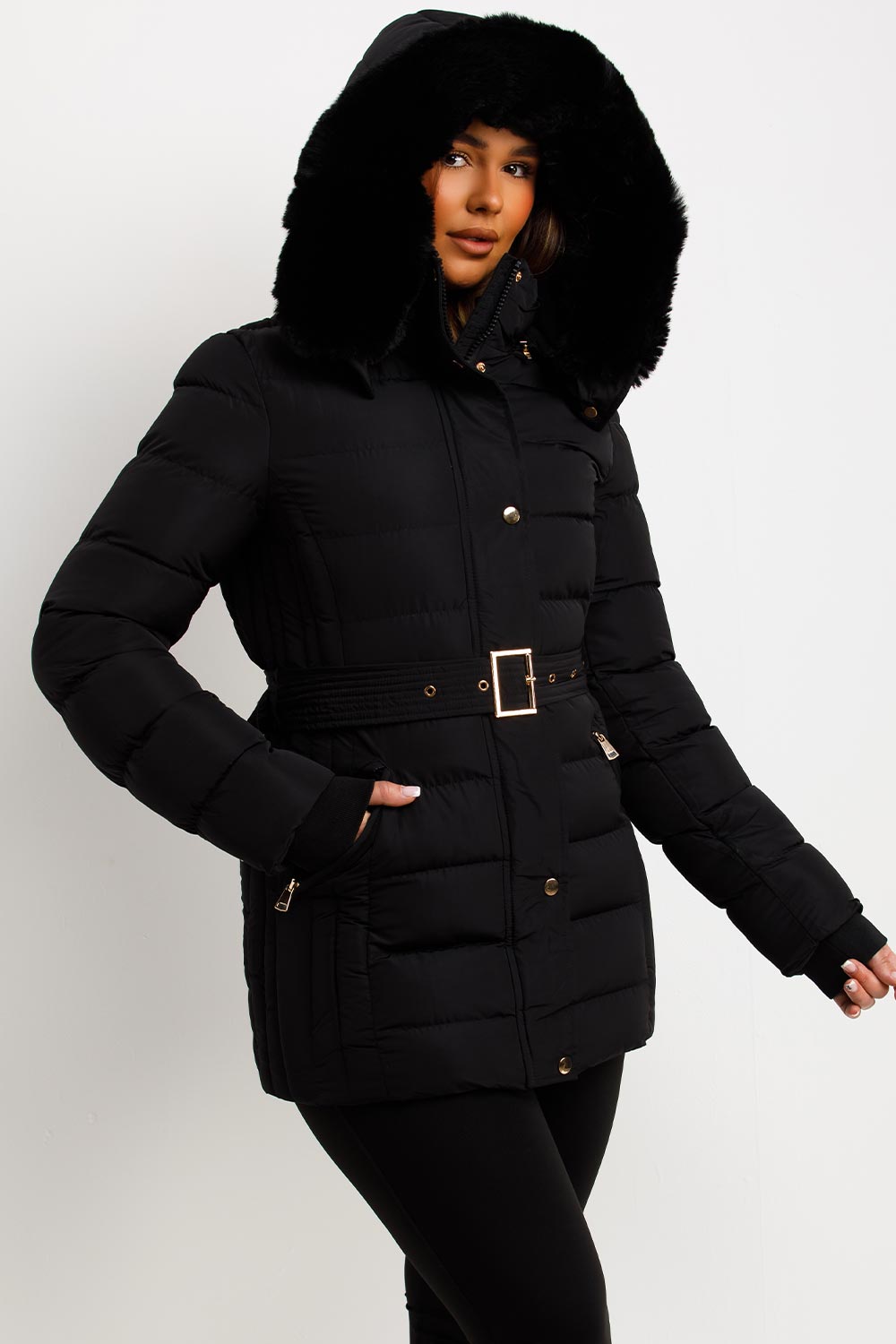 Black Puffer Coat With Faux Fur Hood And Belt
