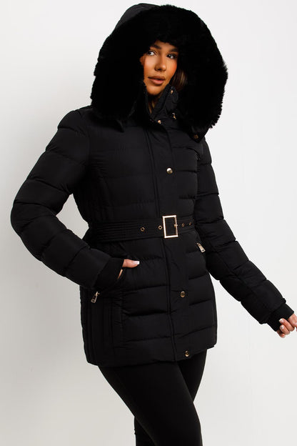 Black Puffer Coat With Faux Fur Hood And Belt