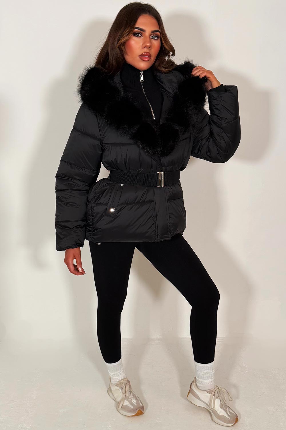 Black Faux Fur Hood Puffer Jacket With Belt
