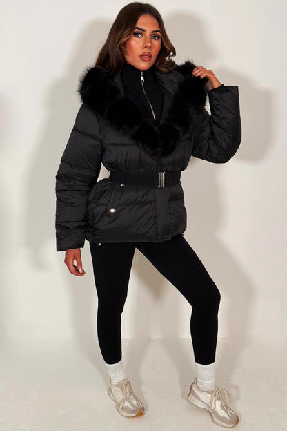 Black Faux Fur Hood Puffer Jacket With Belt