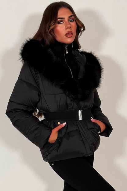 Black Faux Fur Hood Puffer Jacket With Belt