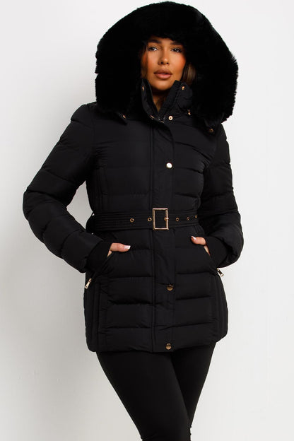 Black Puffer Coat With Faux Fur Hood And Belt