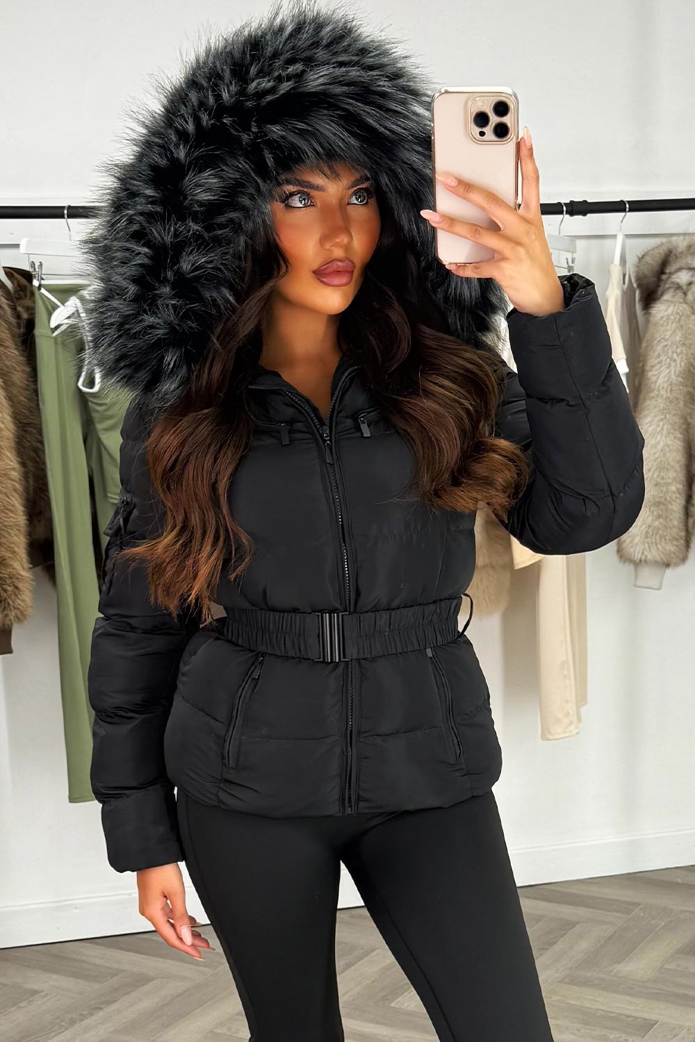 Faux Fur Hooded Jacket With Belt