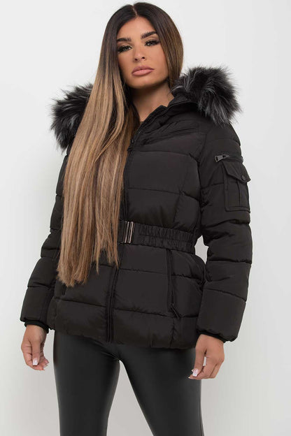 Faux Fur Hooded Jacket With Belt
