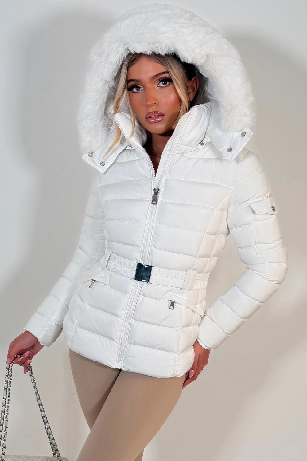 Puffer Padded Winter Jacket With Faux Fur Hood White